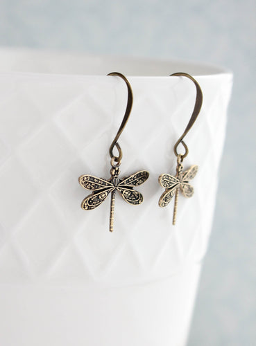 Little Dragonfly Earrings - Antiqued Gold