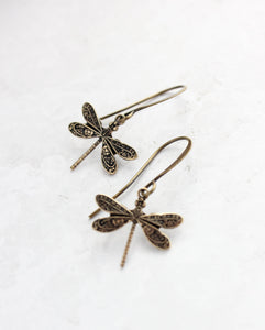 Little Dragonfly Earrings - Antiqued Gold