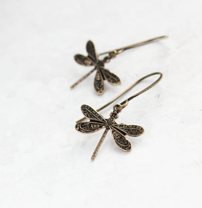 Little Dragonfly Earrings - Antiqued Gold