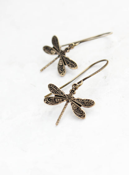 Little Dragonfly Earrings - Antiqued Gold