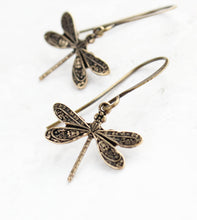 Load image into Gallery viewer, Little Dragonfly Earrings - Antiqued Gold