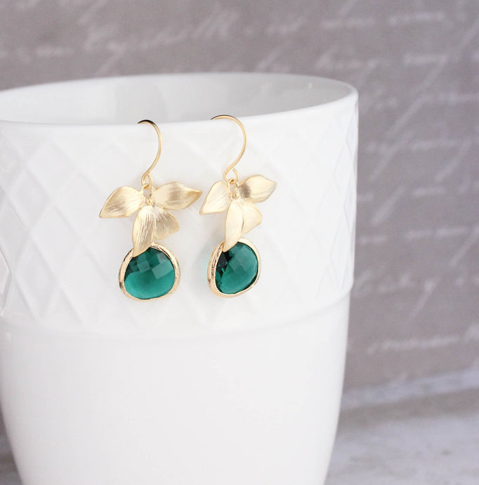 Gold Orchid Earrings - Emerald