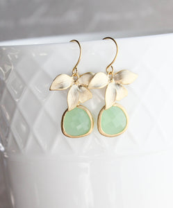 Gold Orchid Earrings - Light Green