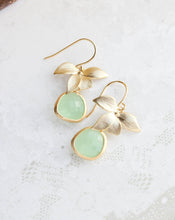 Load image into Gallery viewer, Gold Orchid Earrings - Light Green