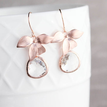 Rose Gold Orchid Earrings - Clear