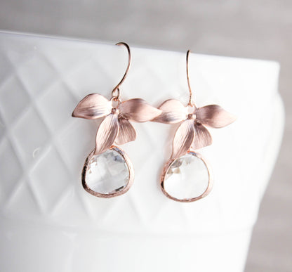 Rose Gold Orchid Earrings - Clear