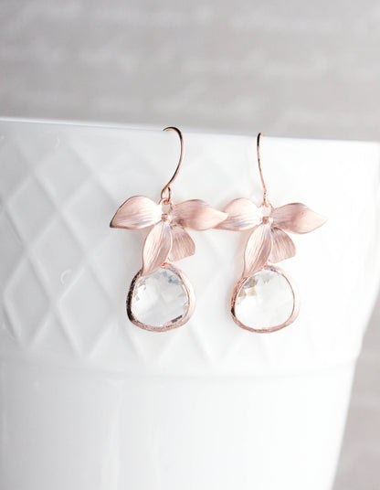 Rose Gold Orchid Earrings - Clear