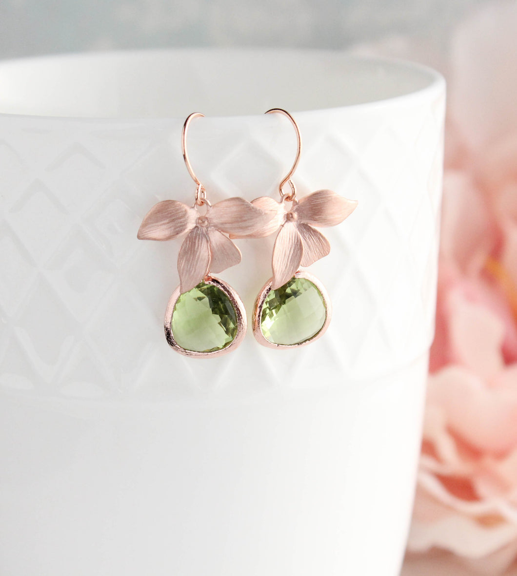 Rose Gold Orchid Earrings - Peridot