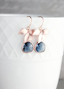 Gold Orchid Earrings - Navy