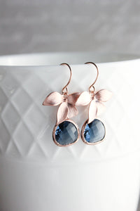 Rose Gold Orchid Earrings - Navy