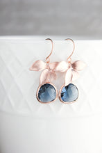 Load image into Gallery viewer, Rose Gold Orchid Earrings - Navy