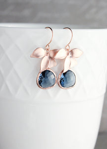 Gold Orchid Earrings - Navy