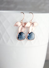 Load image into Gallery viewer, Rose Gold Orchid Earrings - Navy