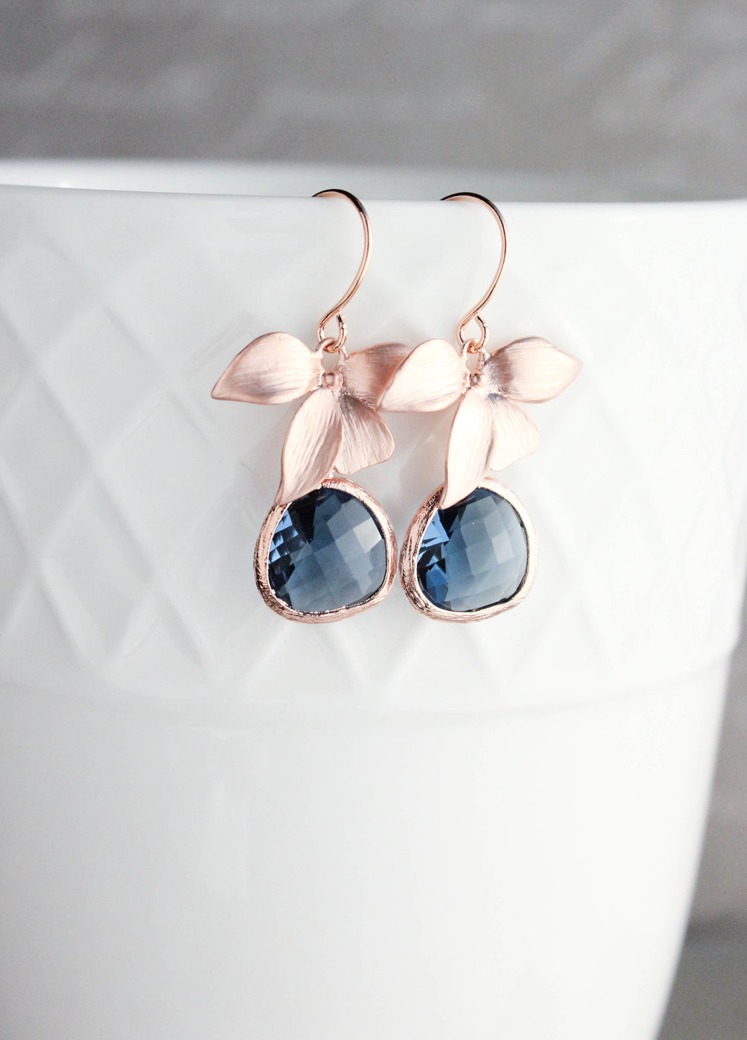 Rose Gold Orchid Earrings - Navy
