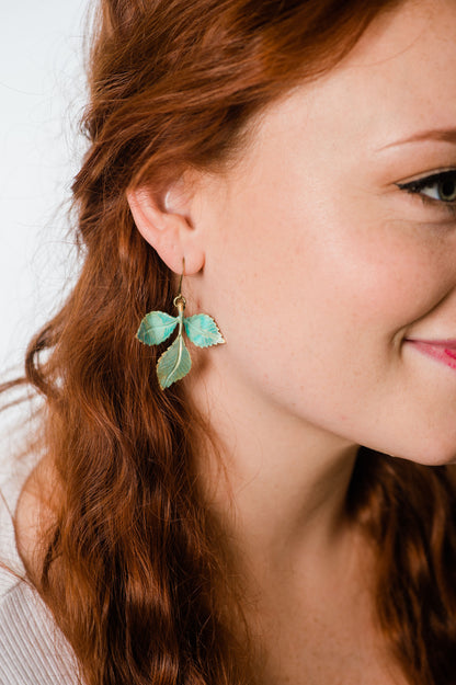 Three Leaf Branch Earrings - Verdigris Patina