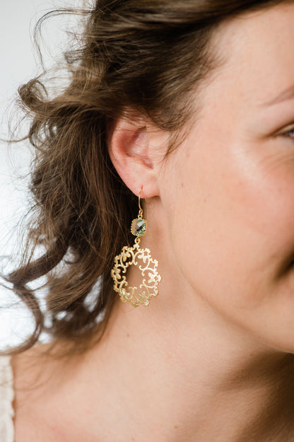 Gold Filigree Earrings - Aqua