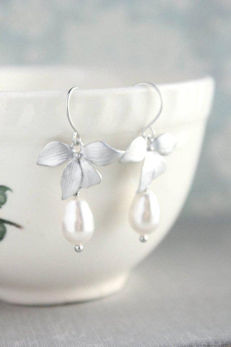 Silver Orchid Earrings - White Pearl