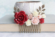 Load image into Gallery viewer, Red and Pink Floral Comb - C1040