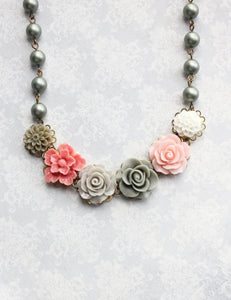 Sage Green and Pink Floral Necklace