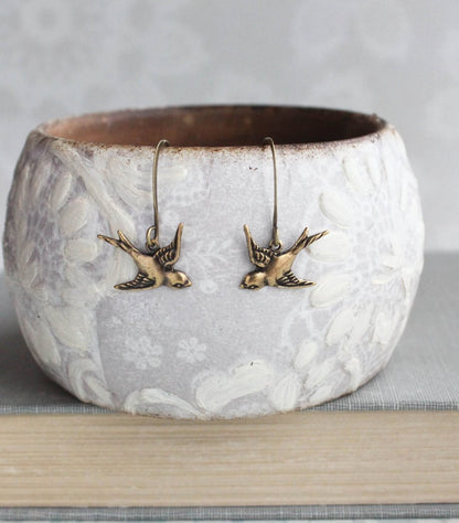 Small Bird Earrings - Gold Brass