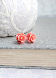 Ruffle Rose Studs - Coral