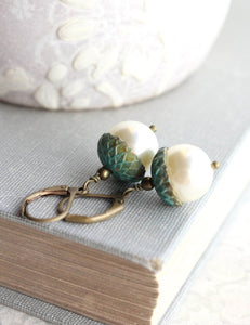 Pearl Acorn Earrings - Patina