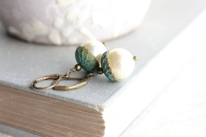 Pearl Acorn Earrings - Patina