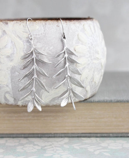 Leafy Branch Earrings - Matte Silver Rhodium