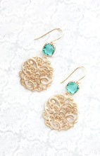 Load image into Gallery viewer, Teal and Gold Filigree Earrings