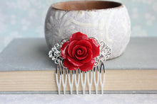 Load image into Gallery viewer, Red Rose Comb Big Flower Hair Piece Womens Fashion Winter Wedding Bridesmaids Gift Silver Filigree Victorian Romantic Gothic Vintage Style