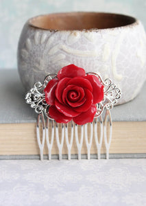 Red Rose Comb Big Flower Hair Piece Womens Fashion Winter Wedding Bridesmaids Gift Silver Filigree Victorian Romantic Gothic Vintage Style