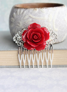 Red Rose Comb Big Flower Hair Piece Womens Fashion Winter Wedding Bridesmaids Gift Silver Filigree Victorian Romantic Gothic Vintage Style