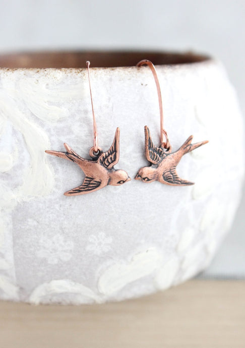 Flying Bird Earrings - Antiqued Copper