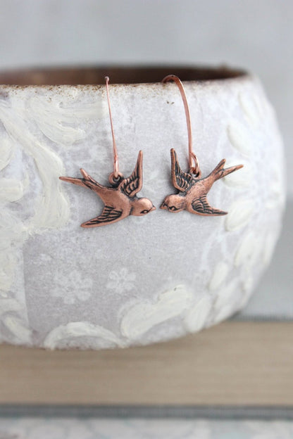 Flying Bird Earrings - Antiqued Copper