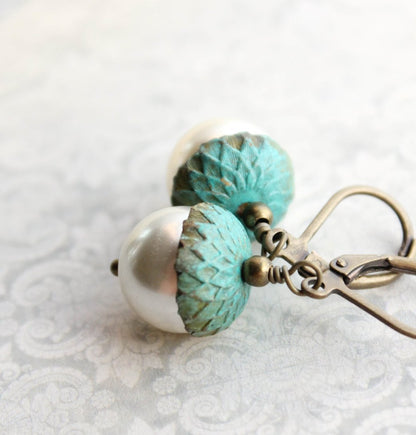 Pearl Acorn Earrings - Patina