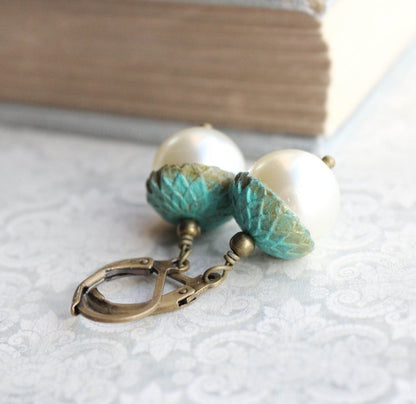 Pearl Acorn Earrings - Patina