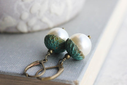 Pearl Acorn Earrings - Patina
