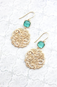 Teal and Gold Filigree Earrings