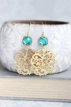 Load image into Gallery viewer, Teal and Gold Filigree Earrings