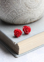 Load image into Gallery viewer, Ruffle Rose Studs - Red