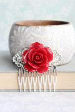 Load image into Gallery viewer, Red Rose Comb Big Flower Hair Piece Womens Fashion Winter Wedding Bridesmaids Gift Silver Filigree Victorian Romantic Gothic Vintage Style
