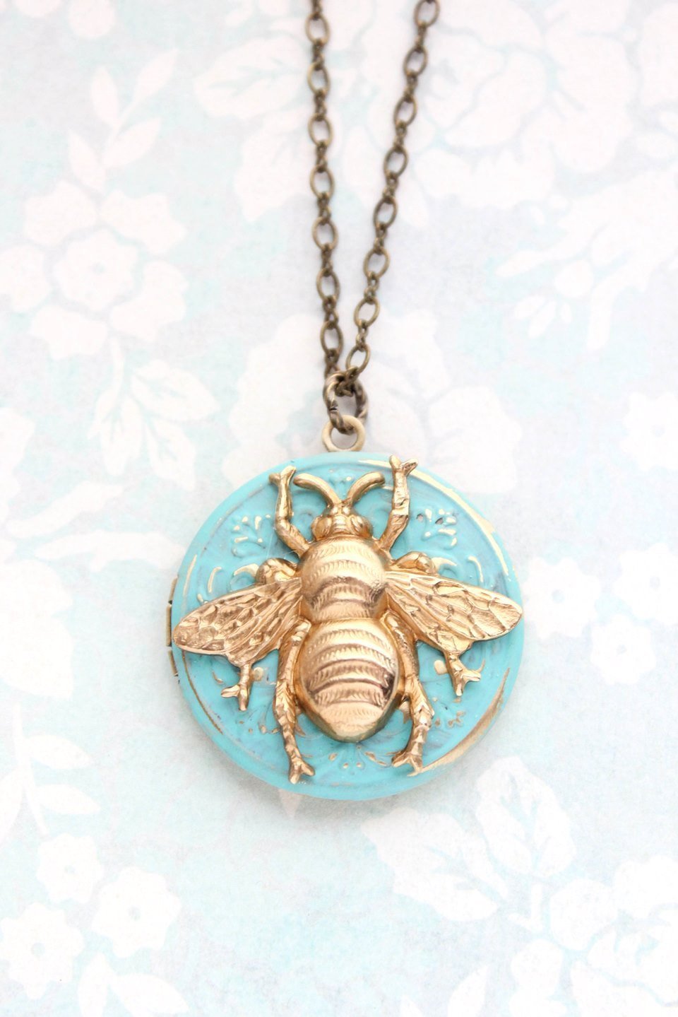 Bee Locket Necklace - Aqua Patina