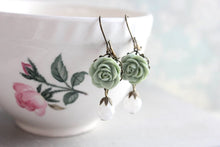 Load image into Gallery viewer, Sage Green Rose Earrings