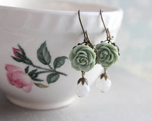 Load image into Gallery viewer, Sage Green Rose Earrings