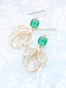 Gold Loop Earrings - Jade Green