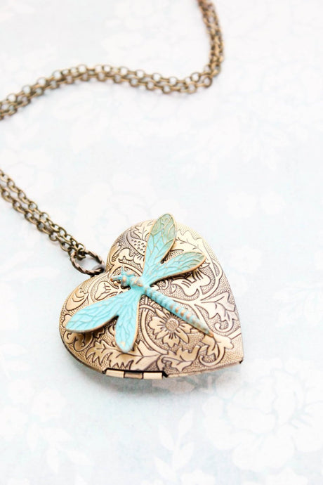 Patina Dragonfly Heart Locket
