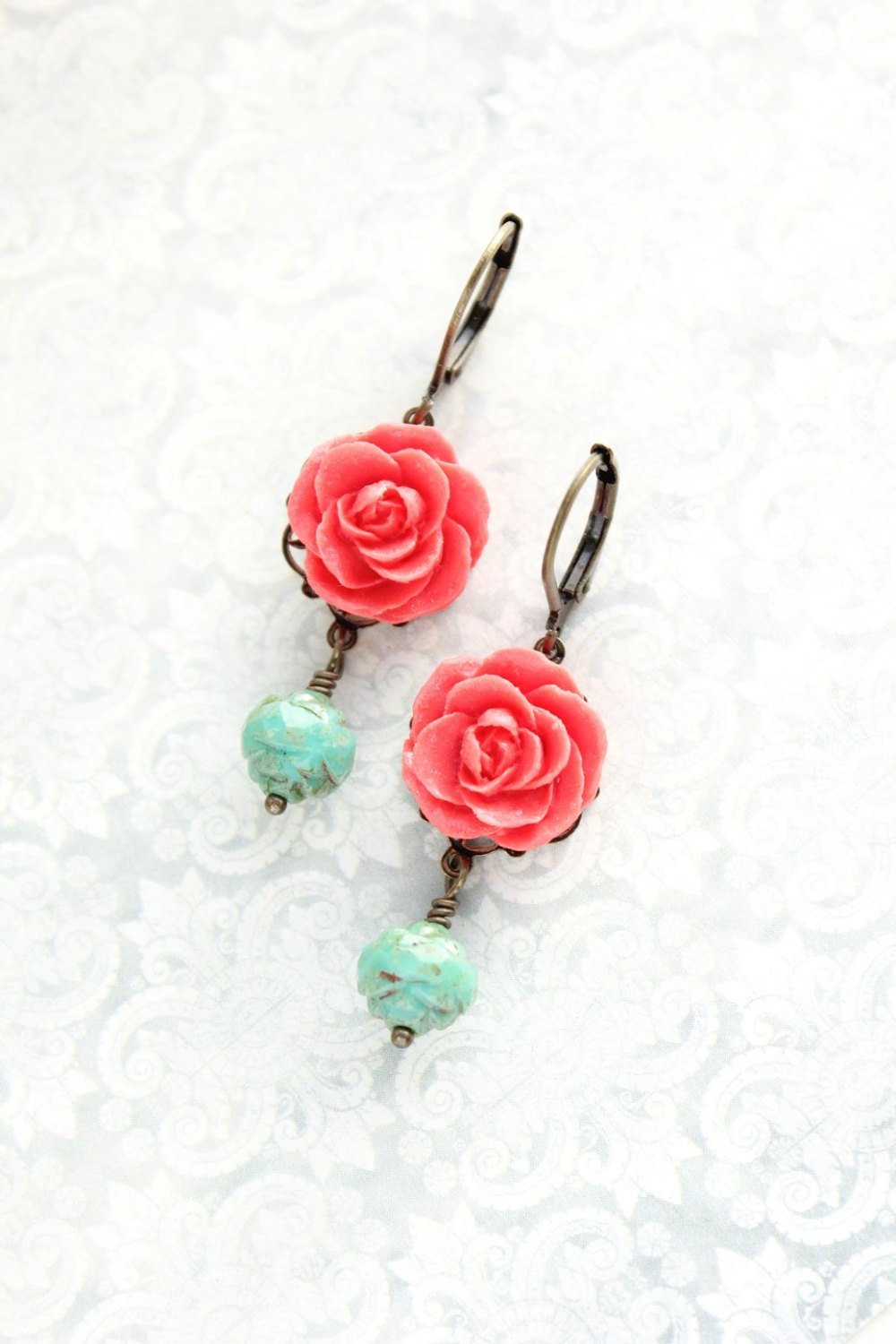 Coral Red Rose Earrings
