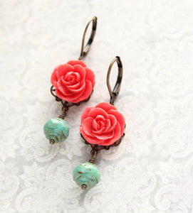 Coral Red Rose Earrings
