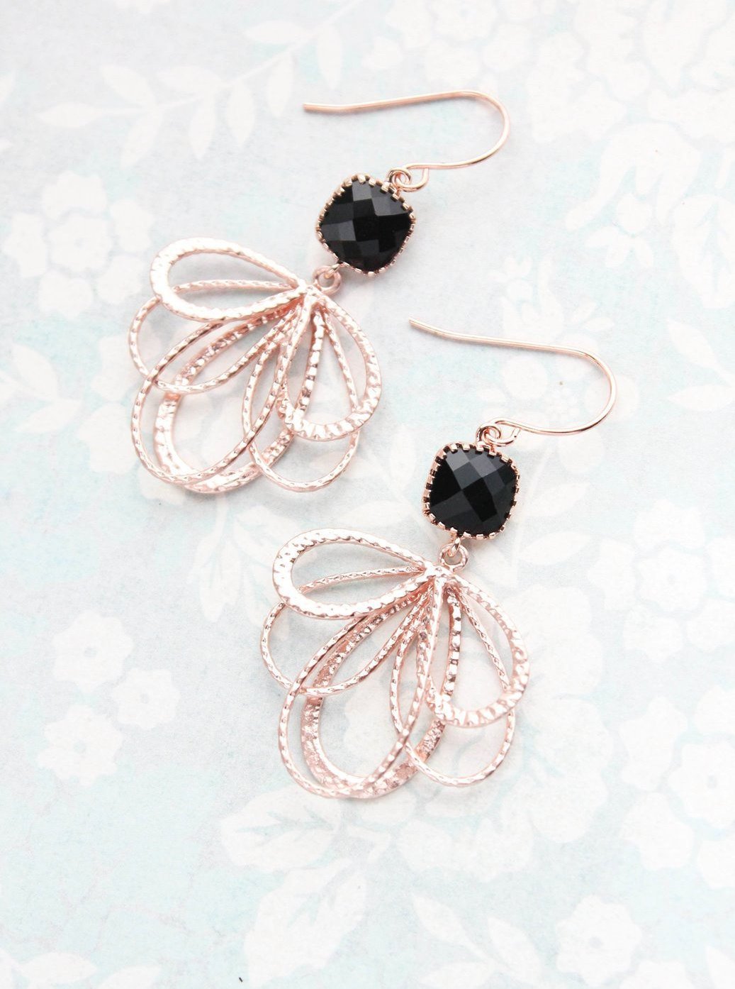 Rose Gold Loop Earrings - Jet Black