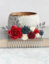 Load image into Gallery viewer, Red and Silver Floral Comb - C1036